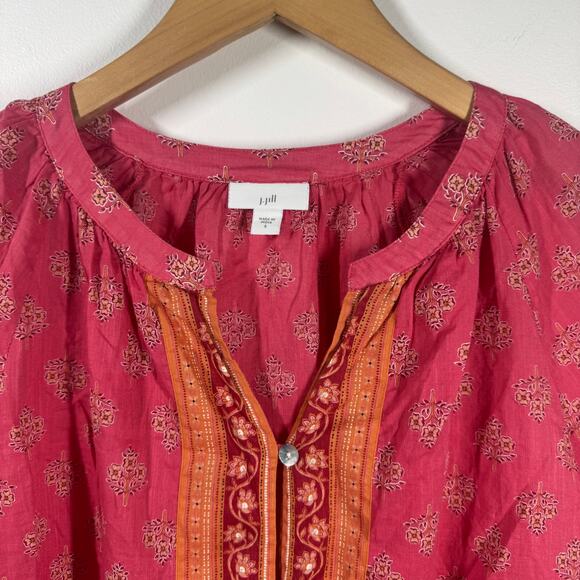 J.Jill Top Women S Pink Orange Mixed Print Button Up Boho Light Weight Tunic - Picture 4 of 7